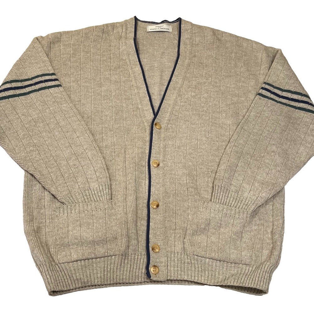 M&S St Michael Mens Vtg Casual Preppy Cardigan Sweater XL Grandpa Ribbed Knit